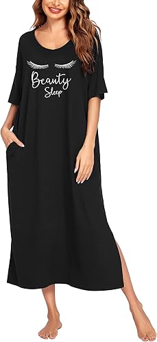 Ekouaer Camisón largo para mujer, ropa de dormir de manga corta, talla grande, con bolsillos, M-XXXL