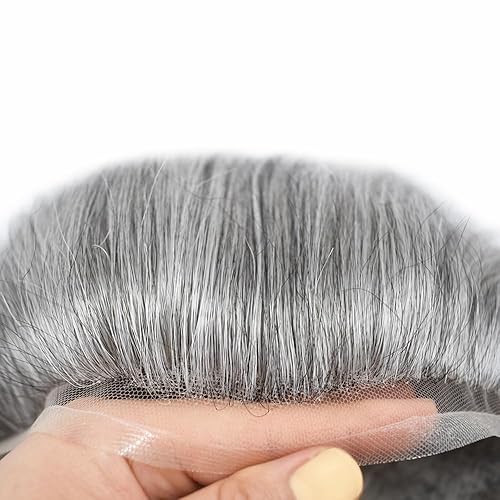Miniatura 4 de Sistema de reemplazo de cabello humano tipo tupé para hombre, postizo frontal de encaje suizo con encaje frontal, piel de poliéster detrás del