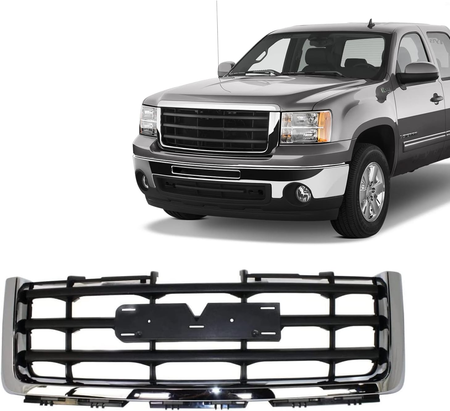 Perfit Liner Front Chrome Texture Black Grille Grill Compatible For 2007-2013 GMC Sierra 1500 Pickup Truck Fits GM1200573 25810704