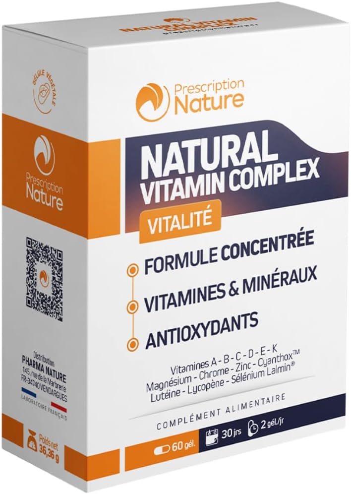 Prescription Nature – NATURAL VITAMIN COMPLEX – Food Supplement – Natural Vitamins (A, B, C, D, E) + Marine Magnesium + Zinc – Made in France – 60 Capsules