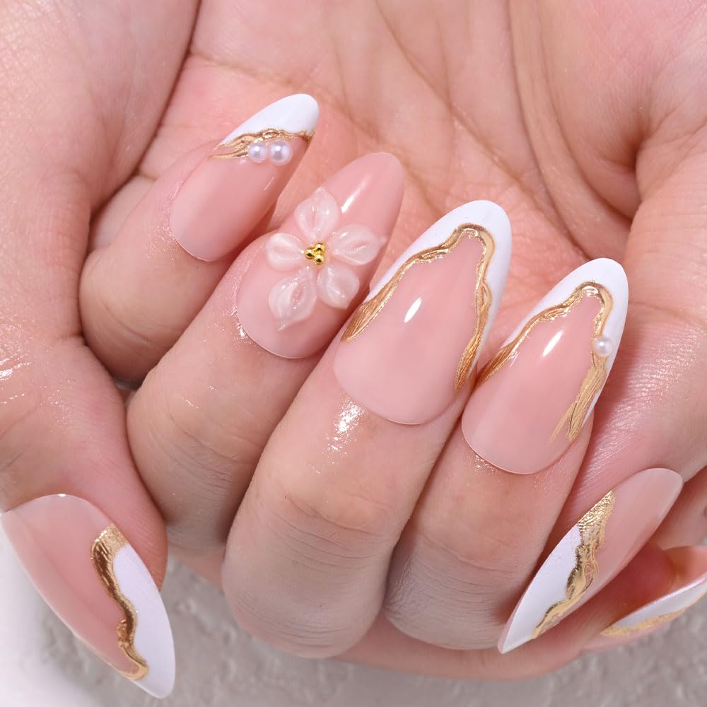 evpct Nude Pink French Press on Nails Short Almond with 3D Flower