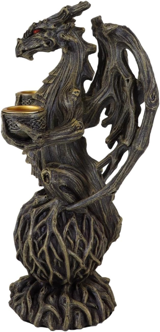 Ebros Gift Forest Tree Ent Greenman Dendritic Dragon Sitting On Branch Root Globe Double Candleholder Candles Holder Figurine Fantasy Prehistoric Drake Behemoth Dungeons and Dragons