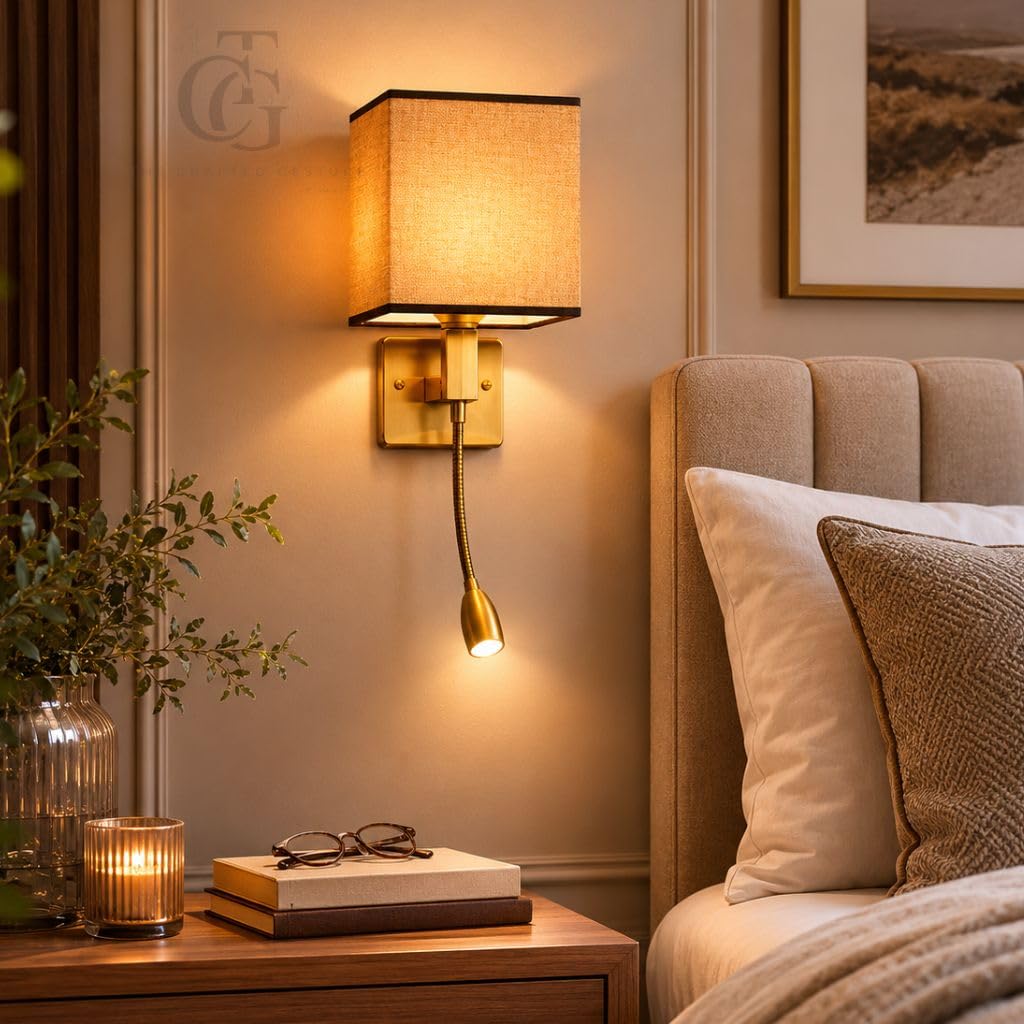 Modern Rectangular Fabric Shade Wall Light|Adjustable LED Reading Sconce for Bedroom, Hotel, Guest Room & Study|Gold-image-14
