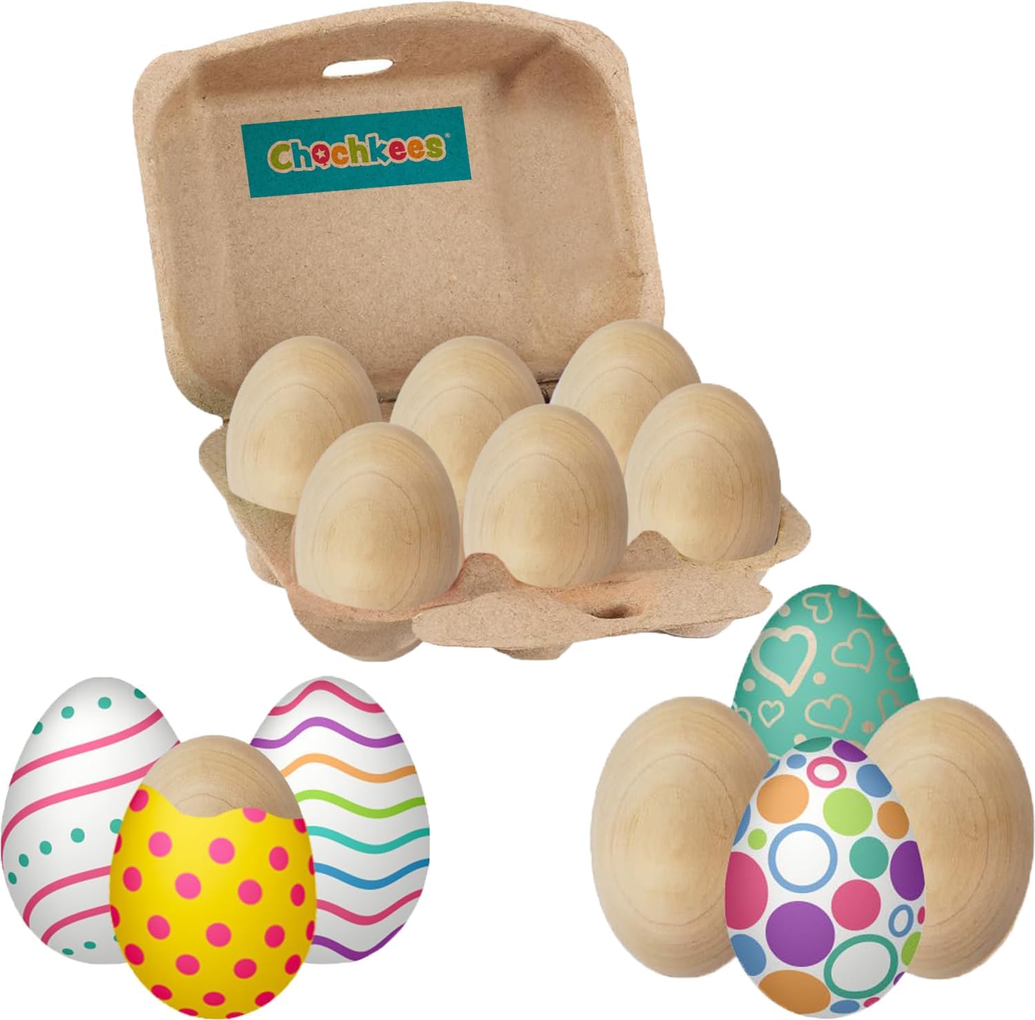 Chochkees Easter Unpainted Wooden 2.3" Inch Eggs, 6-Pack, Perfect for Easter Crafts, D
cor and Egg Hunts in Carton (6-Pack) Thumbnail