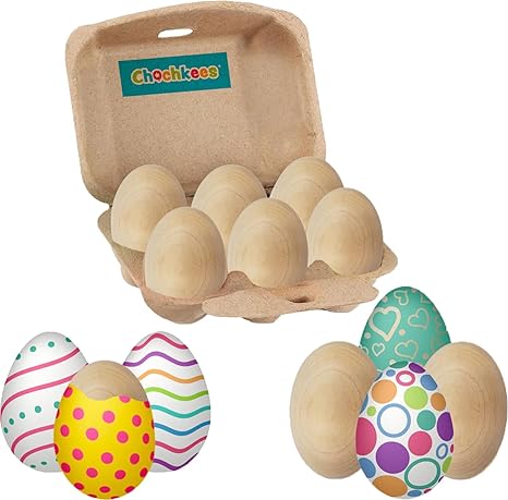 Chochkees Easter Unpainted Wooden 2.3" Inch Eggs, 6-Pack, Perfect for Easter Crafts, Décor and Egg Hunts in Carton