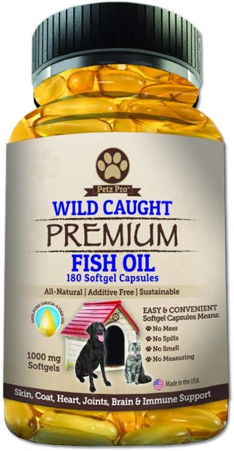 Omega 3 Wild Caught Fish Oil for Dogs EPA DHA, Higher in Omega 3 Fatty acids then Salmon oil, Pure No GMO, All Natural Food Supplement For Pet, 180 Softgels, 1000mg per capsule, No Mess No Smell!