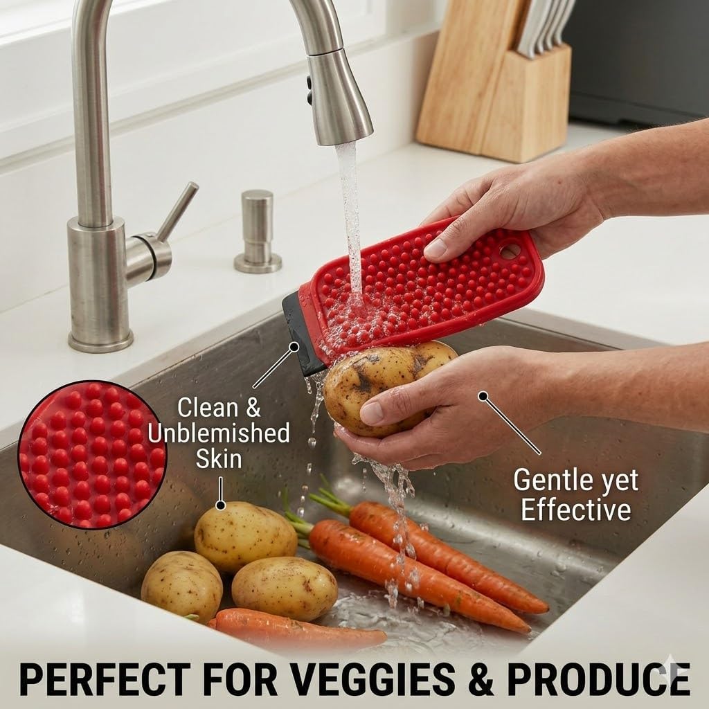 3-in-1 Silicone Dish Sponge - BPA-Free Food-Grade Cleaning Brush with Dual-Sided Scrubber & Scraper, Hanging Hole Fast-Dry Reusable for Dishes/Fruits/Vegetables (Red 2PCS) image 4