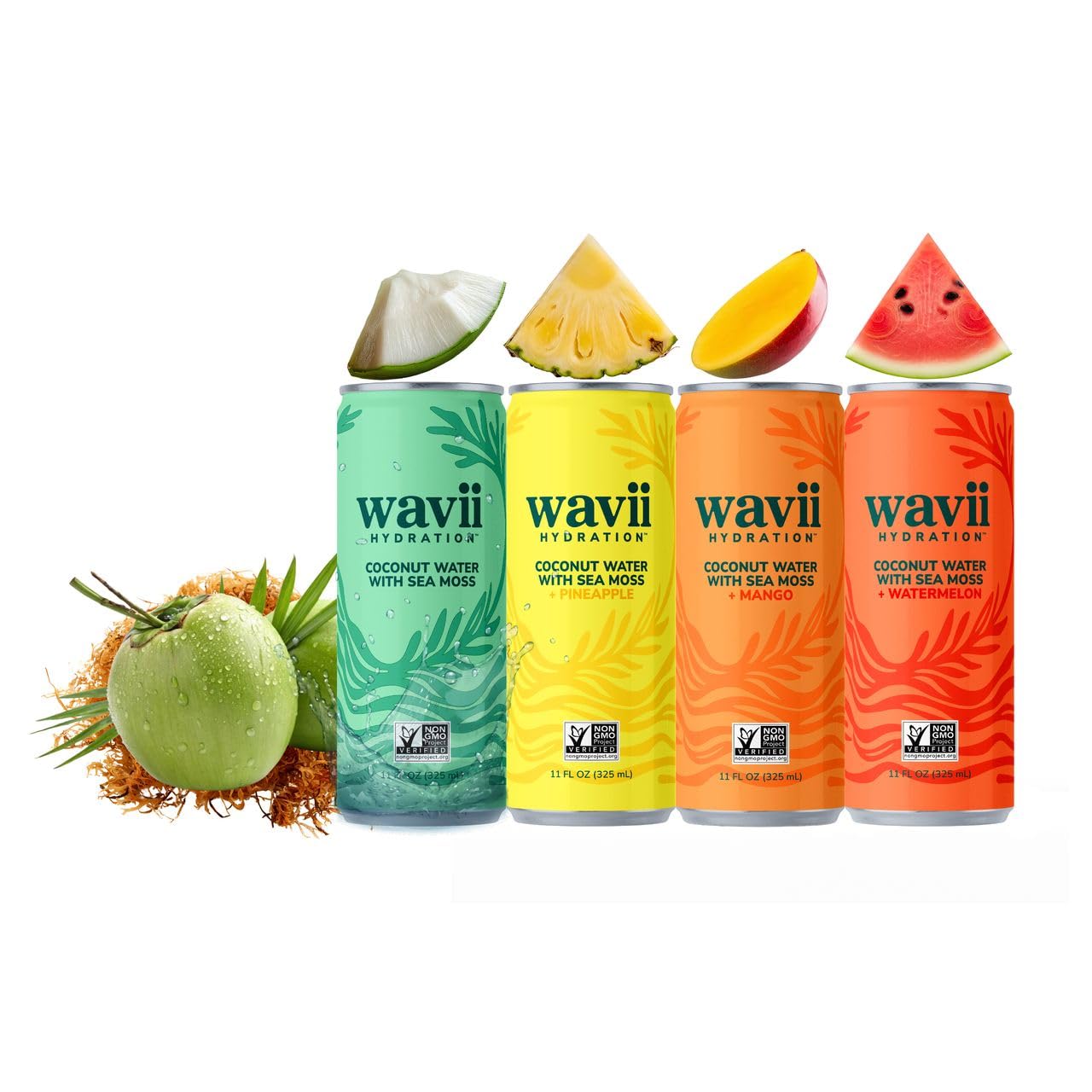 Wavii Coconut Water with Sea Moss Variety Pack, 12 Pack, 11 fl oz – Original, Pineapple, Mango, Watermelon – Electrolytes, Ocean-Derived Trace Minerals, No Added Sugar, Made with Organic Coconut Water