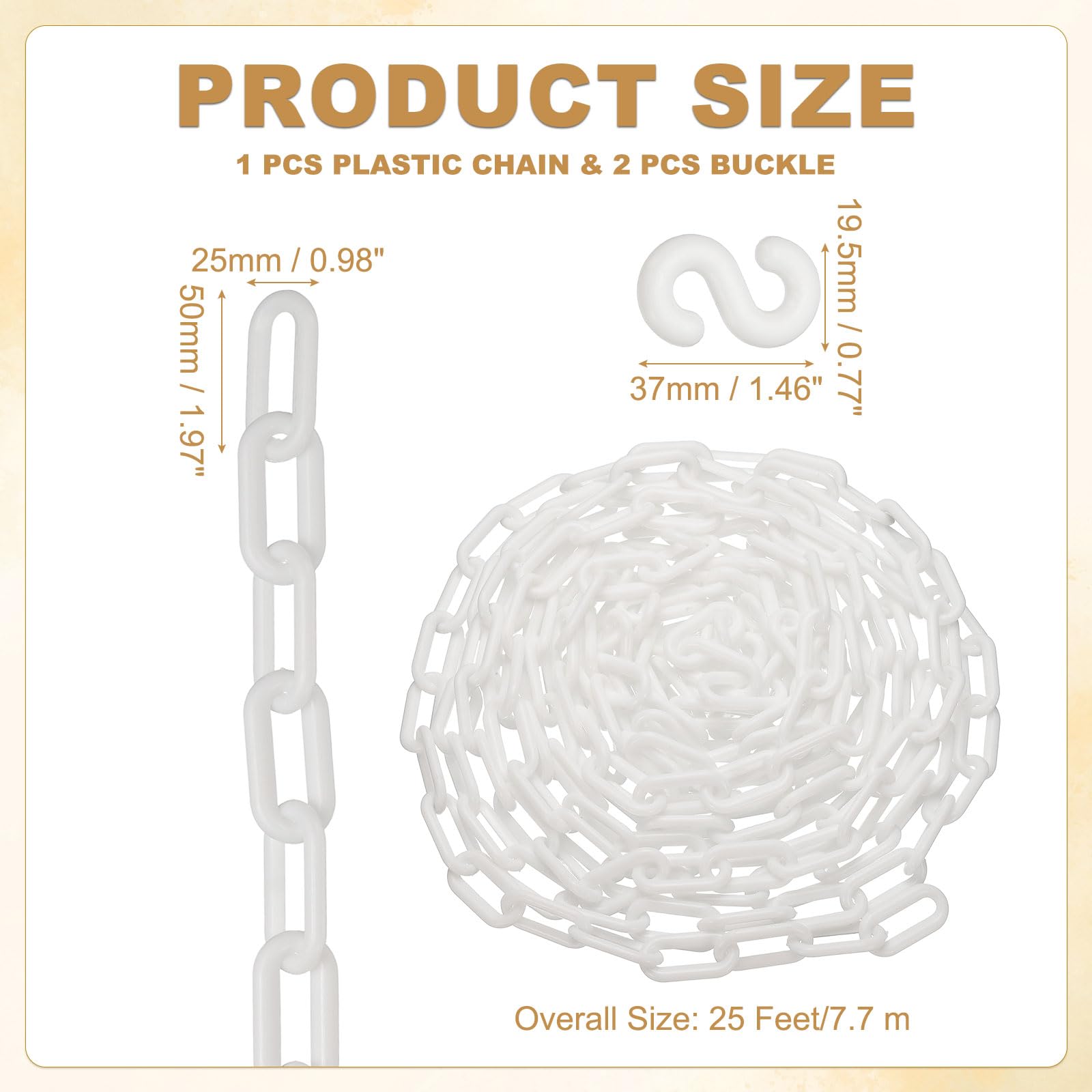 PATIKIL 25 Pieds Chaîne En Plastique, Barrière De Sécurité Chaîne 1x2 Pouce Boucle Léger Imperméable Contrôle Foule File D'Attente Concerts Parking DIY Clôture Porte, Blanc
