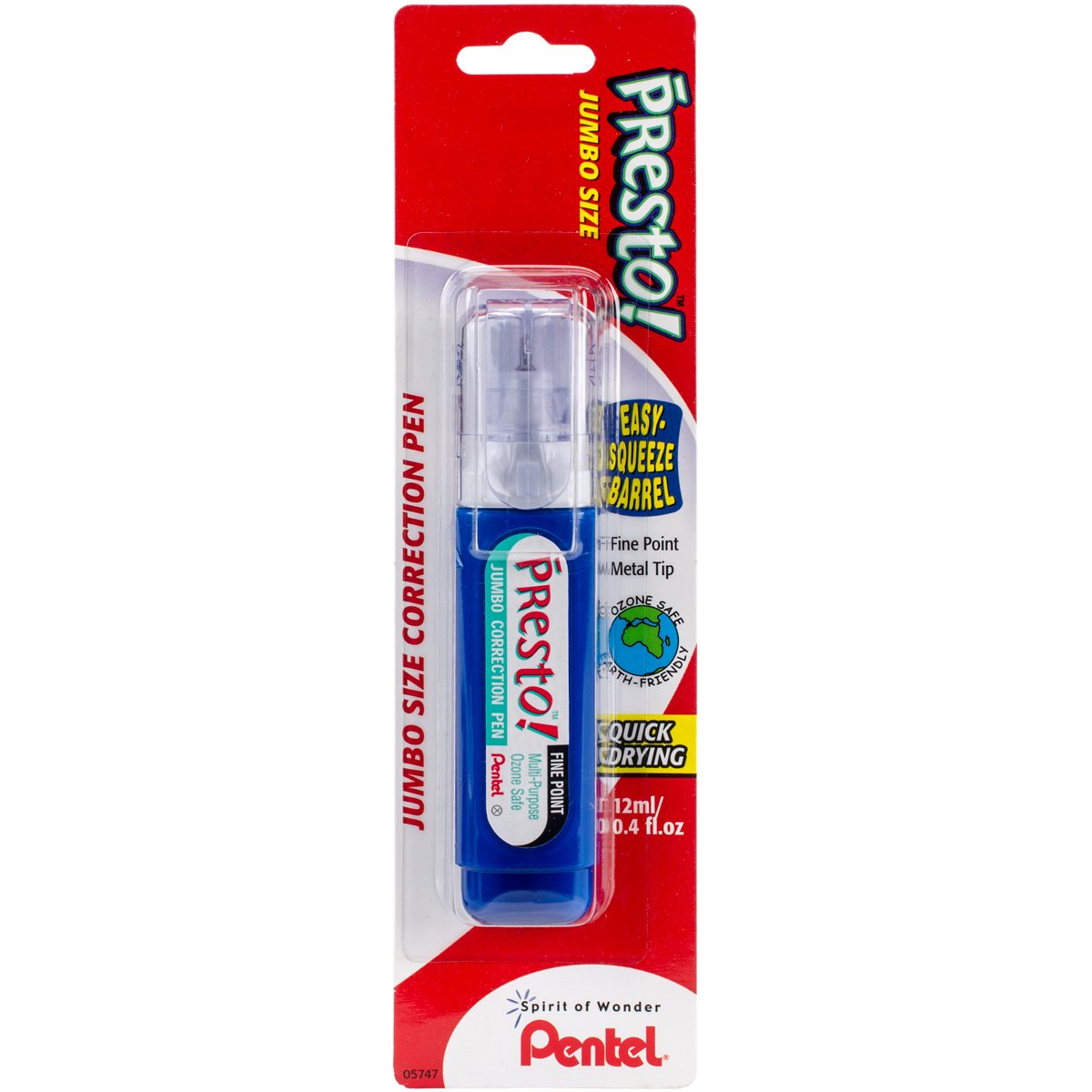 Pentel Presto Jumbo Correction Pen, Fine Point, Metal Tip, White, 12 ml