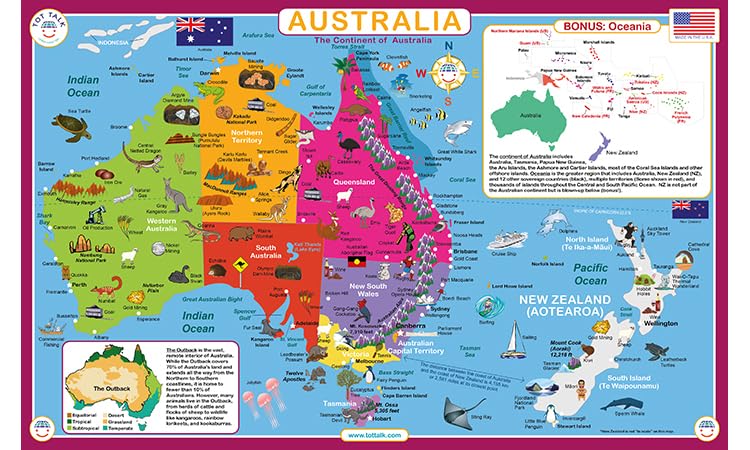 Tot Talk Australia Educational Placemat for Kids – Made in USA – Durable, Double-Sided, States & Territories, Capitals, Natural Wonders, & Bonus: Oceania – Waterproof Wipeable, 17.5” x 11.5”