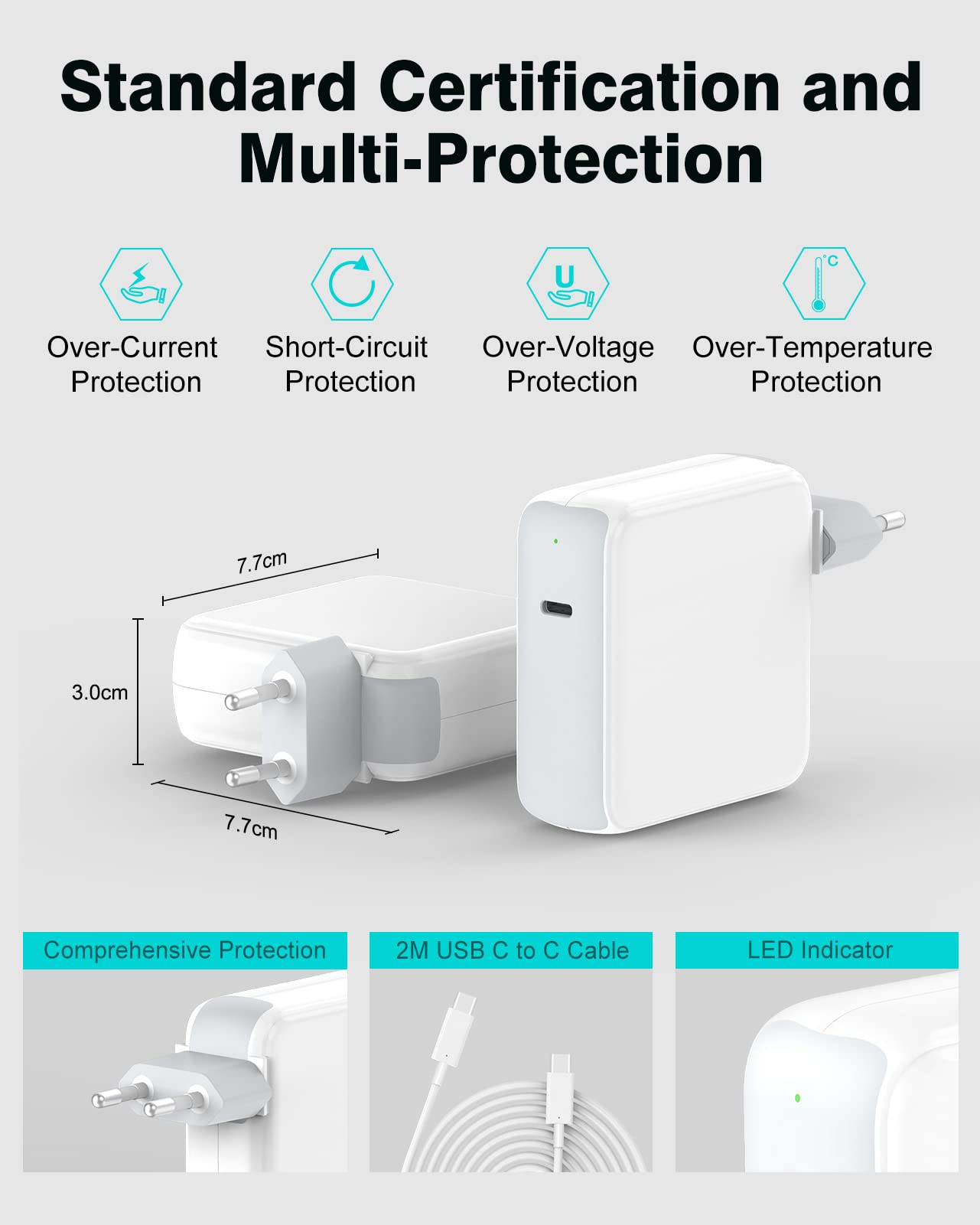 Caricatore 96W Alimentatore USB C Compatibile con MacBook Pro 16/15 / 14/13 pollici, MacBook Air 2020/2019 / 2018, 2024 iPad Pro/Air M2/M4, Caricabatterie Rapido, Cavo USB C a C 2M