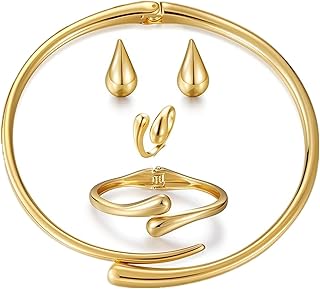 チャンキーゴールドジュエリー4点セット、女性用、14Kゴールドメッキカフチョーカーカラーネックレス、ゴールドティアドロップイヤリング、ティアドロップラップリング、ヒンジ付きカフバングルブレスレット、ステートメントファッションジュエリー。