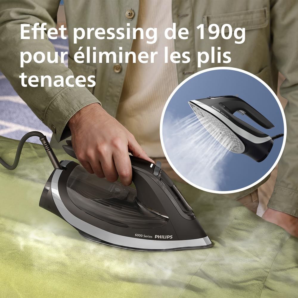 Philips Fer à repasser Série 6000 – Technologie OptimalTEMP, 0 réglage, 0 brûlure. Effet pressing 190g, Débit vapeur 45g, Semelle SteamGlide Plus, Système anti-goutte, Arrêt automatique (DST6120/80)