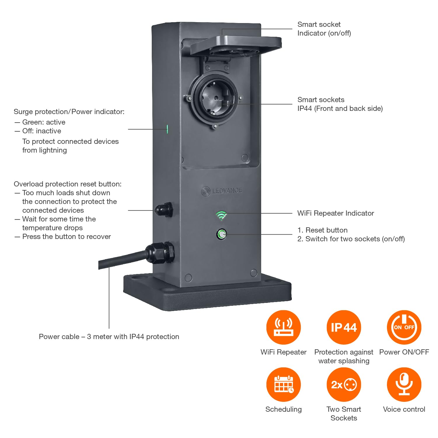 LEDVANCE SMART+ WiFi Outdoor Terminal EU avec répéteur intégré et 2 prises, blanc, 230 V, étend la zone WiFi extérieure, liaison d'appareils sans fil, contrôlable par application, garantie 3 ans, IP44