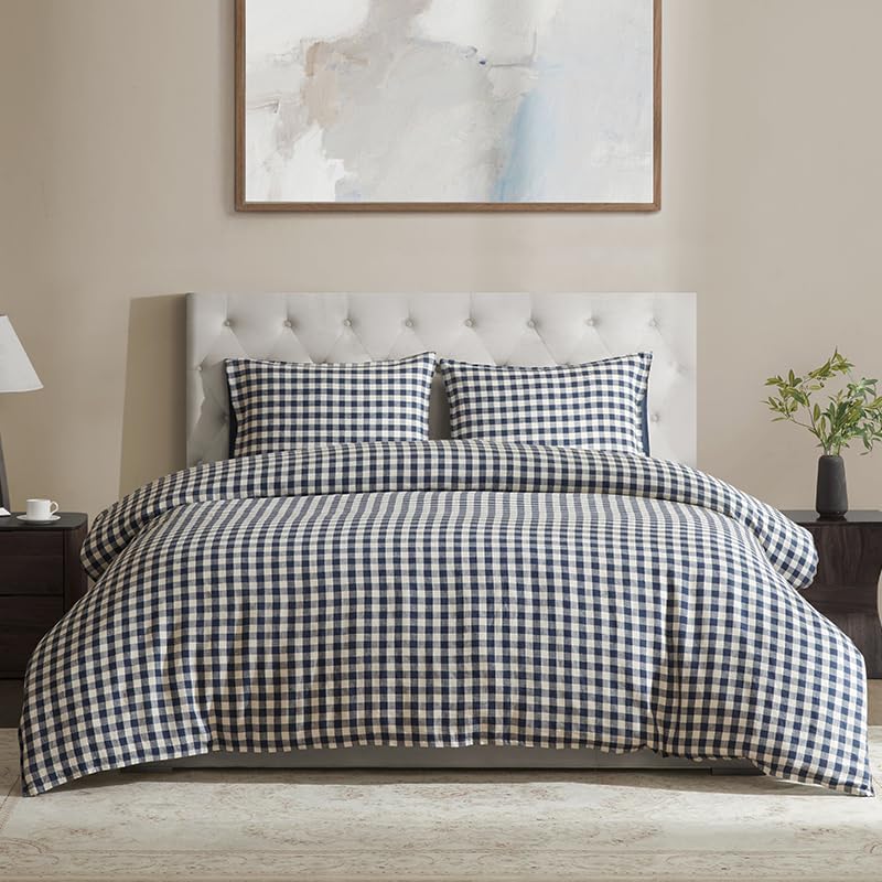 DAPU Linen Duvet Cover Queen,Yarn Dyed Gingham Check Plaid 100% Washed Linen Bedding with Envelope Closure,3 PCs Soft Linen Duvet Cover Set,Geometric Checkered Pattern in Navy Blue & White,Queen Size