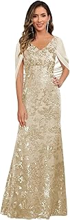 Sequin Mermaid Mother of The Bride Dresses for Women V Neck Long Evening Formal Gown with Cape Sleeves