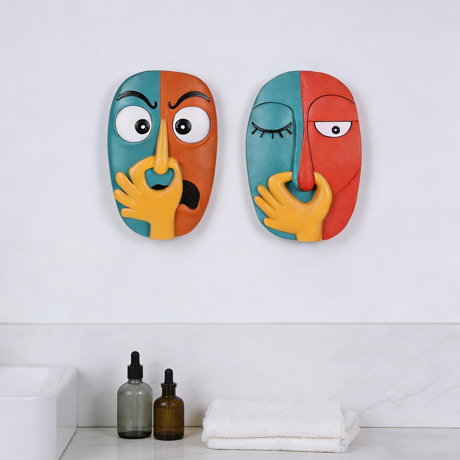 oliruim Funky Wall Decor Sculptures Set of 2 - Holding Her Nose Modern Abstract Colorful Bathroom Wall Art Face Sculptures for Living Room, Office, Entrance or Hallway, Contemporary Decor - 9.1" Tall