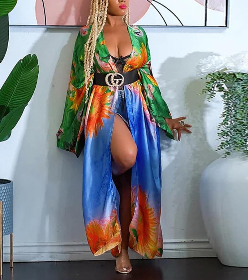 Image of Kimono Cardigan for Women Long Boho Satin Kimono Robes Plus Size Open Front Beach Swimsuit Cover Ups Lightweight Duster