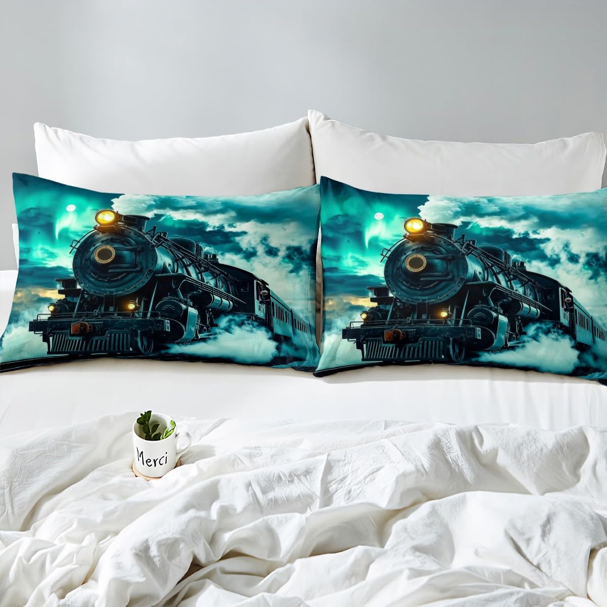 Homewish Retro silnik parowy super king poszewka na kołdrę pociąg tor kolejowy poszewka na kołdrę, vintage samochód dla dzieci chłopców zestaw pościeli pojazdy księżyc turkus narzuta na łóżko