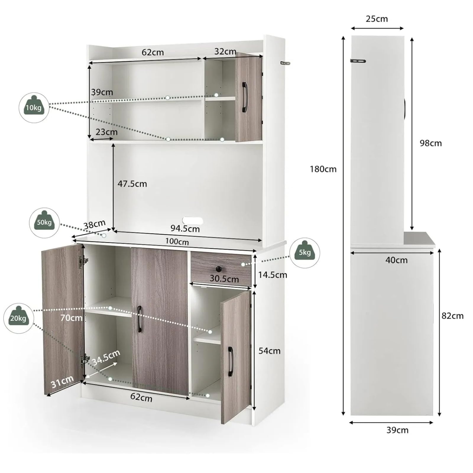 KOMFOTTEU Hochschrank Buffetschrank 180cm, Küchenschrank mit & Kabellöchern, Mehrzweckschrank mit 4 verstellbaren Regalen 3 Schränken, Aufbewahrungsschrank groß für Küche Esszimmer (Weiß)