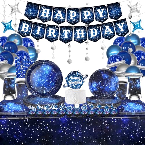 Vaisselle de fête espace pour anniversaire enfant avec nappe et ballons de décoration