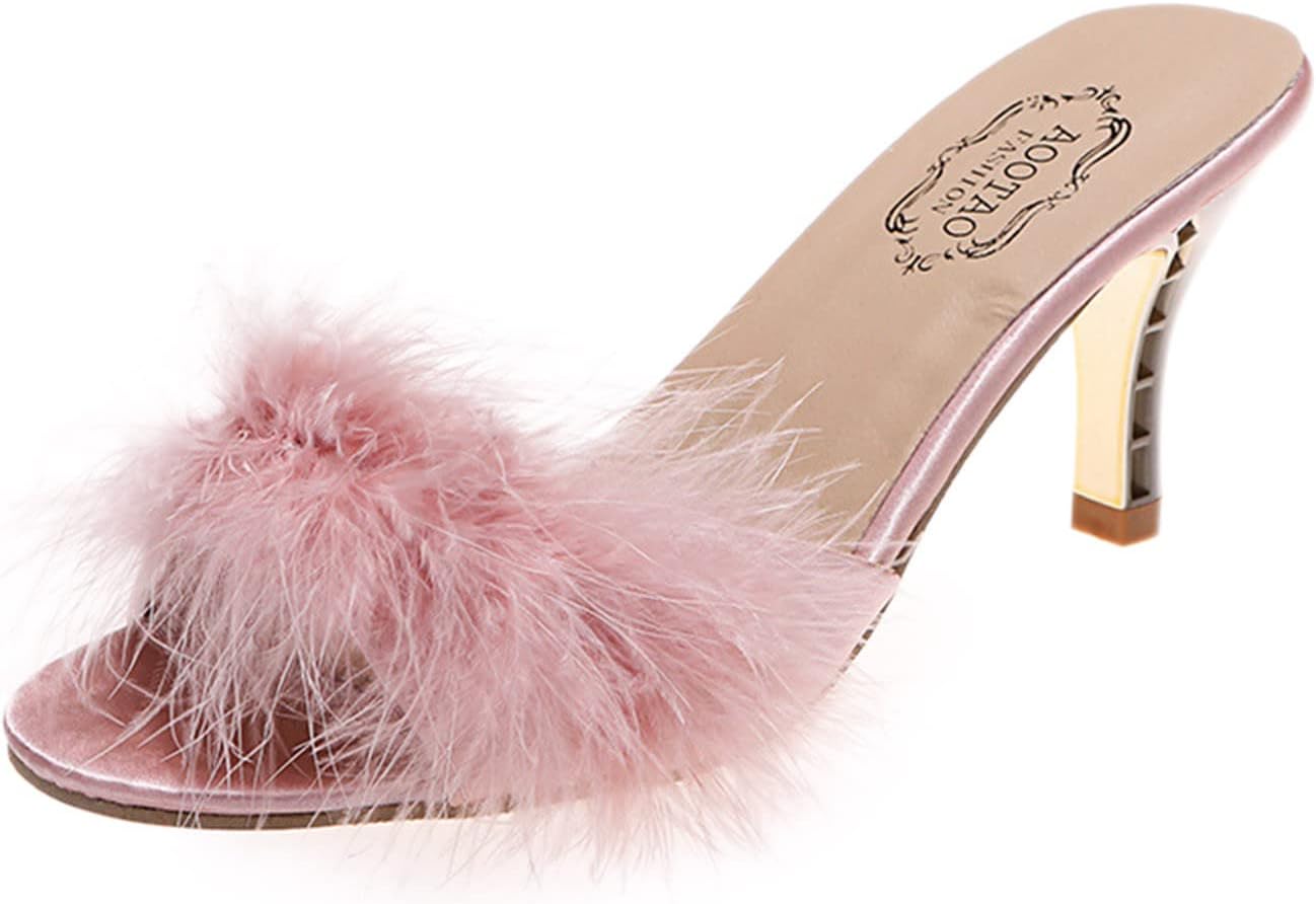 Women’s Open Toe Stiletto Heel Mules Sandals Fluffy Feather Slip on Clear High Heels Wedding Bridal Party Dress