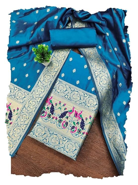 3 Piece Fancy Dark Green Banarasi Silk Unstitched Paithani Dress Material with Zari Weaving | Embroidered Peacock Design Salwar Suit With Matching Dupatta-image-25
