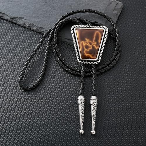 Image of Bolo Tie for Men Women Cowboy Turquoise Celtic Natural Tiger Eye Stone Longhorn Bull Western Leather Bolo Necktie
