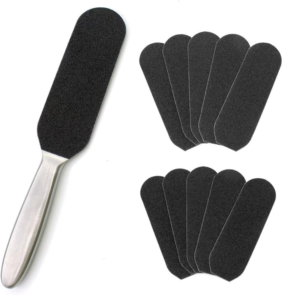 Pedicure Foot File and Callus Remover for Hard Skin Professional, Stainless Steel Foot Rasp File with Ten Free Refill Grits Double-Sided Replacement Pads Easy Feet Scrubber for Bath Pedicure Salon