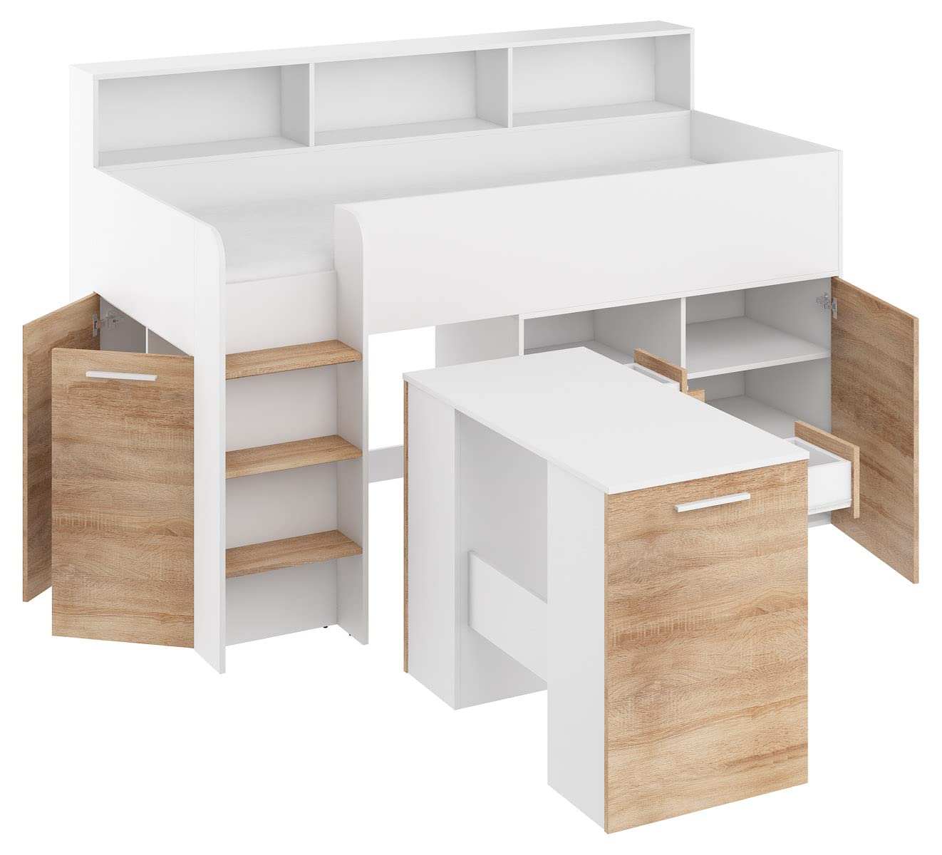BIM Furniture Lit superposé NEO L pour enfant, ensemble de meubles pour chambre d'enfant, 1 lit avec bureau, étagères, tiroirs: côté gauche