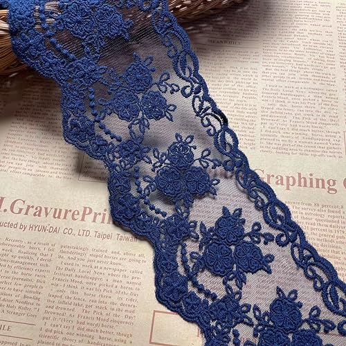 8CM Width Europe Crown Ribbon Wedding Applique Inelastic Embroidery Lace Trim,Curtain Tablecloth Slipcover Bridal DIY Clothing/Accessories.(2 Yards in one Package) (Navy Blue)