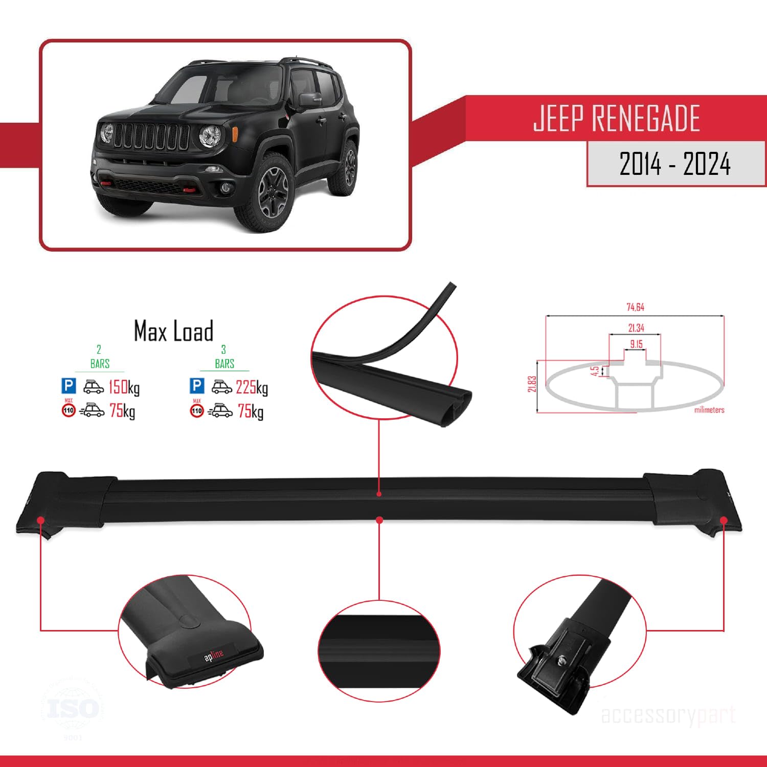 Compatibile con Jeep Renegade (BU) 2014-2024 FLY Model Barre Tetto Portapacchi Auto Barre Portatutto Nero Alluminio 2 Barre