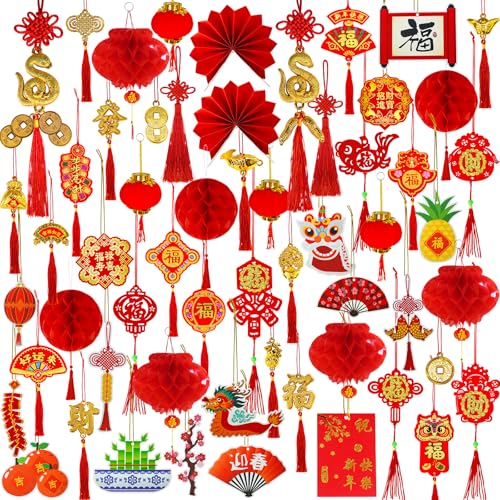 Winlyn 153 Pcs Chinese Lunar New Year Decorations Hanging Good Luck Fortune Ornaments Red Lanterns Lucky Knot Tassels Festival Tree Ornaments for Asian Vietnamese TET 2025 Snake New Year Party Decor