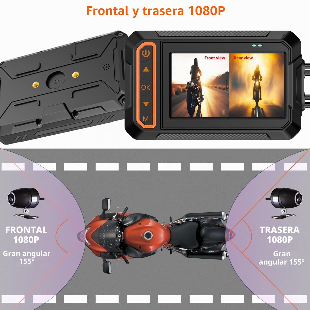 ydi Dashcam Moto Delantera y Trasera 1080P, Motocicleta Dash CAM Impermeable Doble Cámara Gran Angular 155 Grados con Pantalla de 3 Pulgadas, Wi-Fi, GPS, Control Remoto, Monitor de Aparcamiento