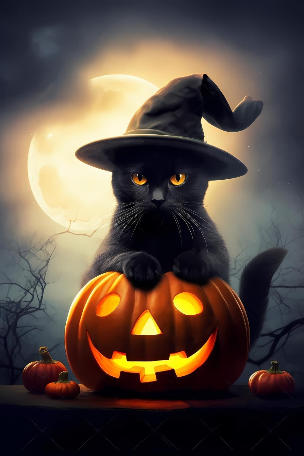 Cat Animal DIY Diamond Painting Kits for Adults and Kids, Black Cat Pumpkin Lights Diamond Art 5D Diamond Dots Art Round Full Drill Gem Painting Embroidery Kits Gifts 8×12 inch