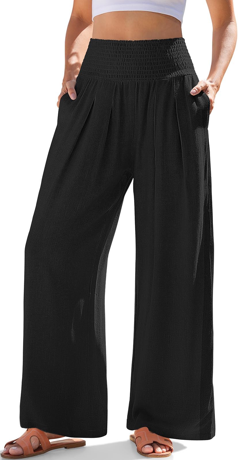 TARSEWomens Summer Linen Palazzo Pants Boho High Waisted Wide Leg Casual Long Lounge Pant Trousers with Pockets