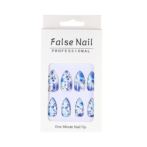 Miniatura 5 de Uñas postizas a presión, uñas postizas cortas de porcelana azul y blanca, uñas acrílicas de cobertura completa, uñas adhesivas brillantes, uñas