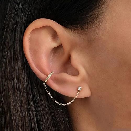 Double Piercing Earrings Set For Two Holes 18K Gold Plated Silver Cartilage Lobe Cuff Studs Chain Double Huggie Hoop Earrings #TOP3