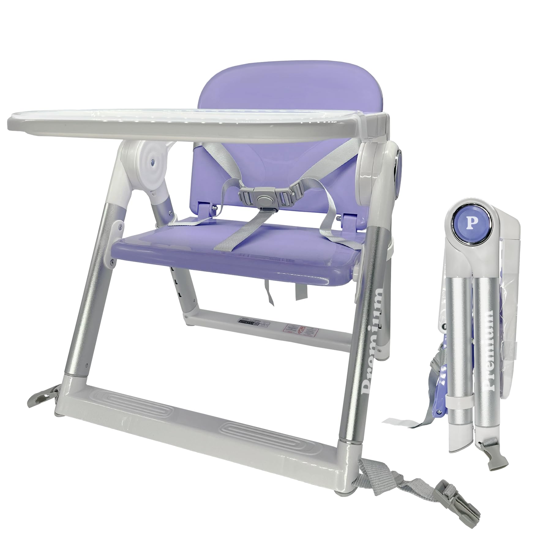 Chaise Haute Bébé Portable Pliable Premium 2 en 1, Rehausseur de Chaise avec Sangles de Fixation, 4 Hauteurs Réglables, Tablette Amovible, Sac de Transport, 6–36 Mois jusqu’à 15 kg (Lilas + Argent)