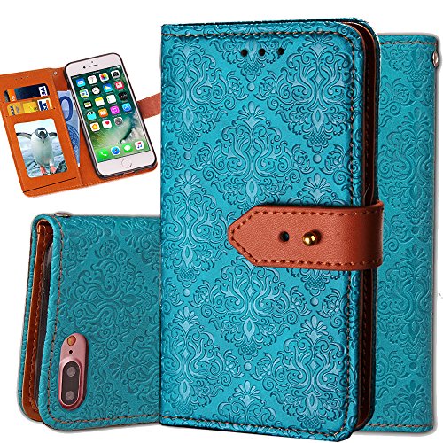 iPhone 6S Plus Leather Wallet Case,Auker Durable Folio Flip Vintage Fold Stand Case Full Body Shock Scratch Drop Protection Pocket Purse Cover with Card Holders&Wrist Strap for Women/Men-Blue