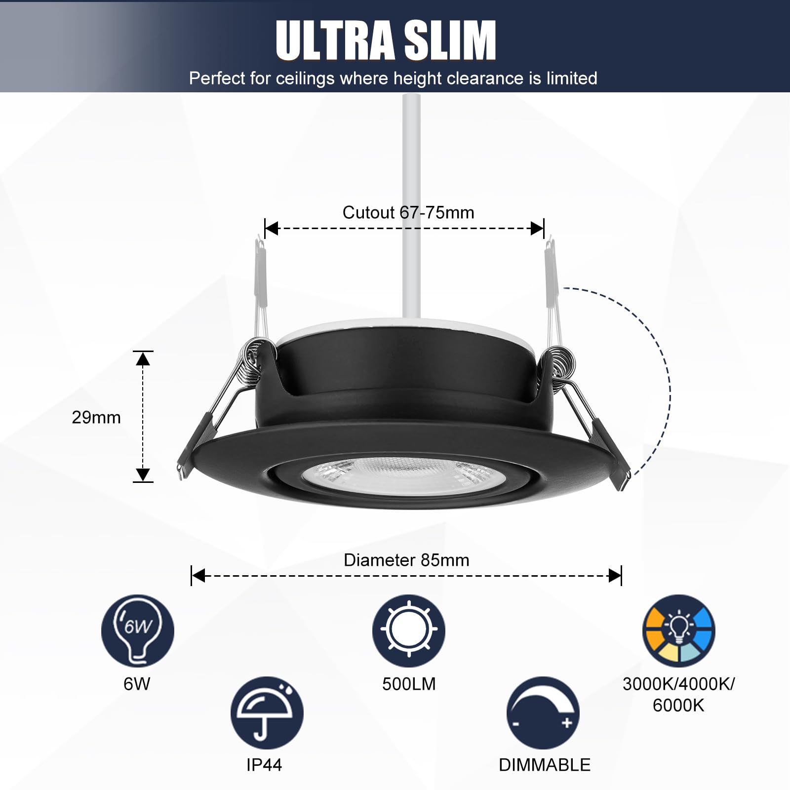 LED Einbaustrahler 230V Dimmbar Schwarz LED Spots 6W IP44 Bad Einbauleuchten Schwenkbar Deckenspots,Warmweiß Neutralweiß Kaltweiß deckenleuchte für Badezimmer Küche Wohnzimmer,6er Set