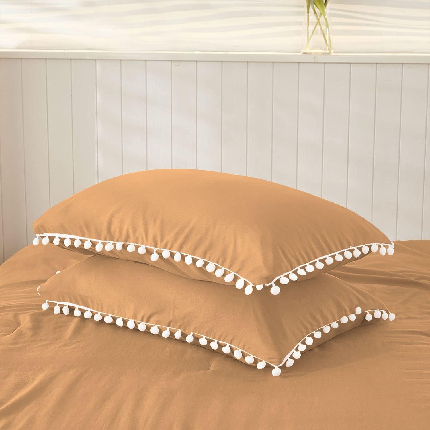 Tony's Textiles 1 Piece White Vintage Pom-Pom Fringe Plain Pattern Comforter Set, 100% Egyptian Cotton with 1000 Thread Count (Full/Queen Size - Sand Color)
