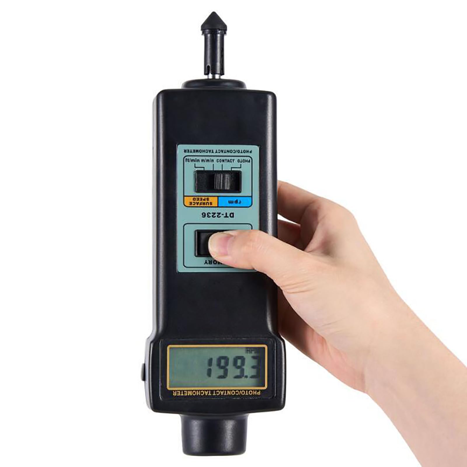 Tacómetro Digital, Comprobador De RPM con Foto (2,5-99.999 RPM), Contacto Portátil, Medición De Velocidad Lineal (m/min, Ft/min), con 4 Sondas, Pantalla LCD, para Motores Y Ventiladores.