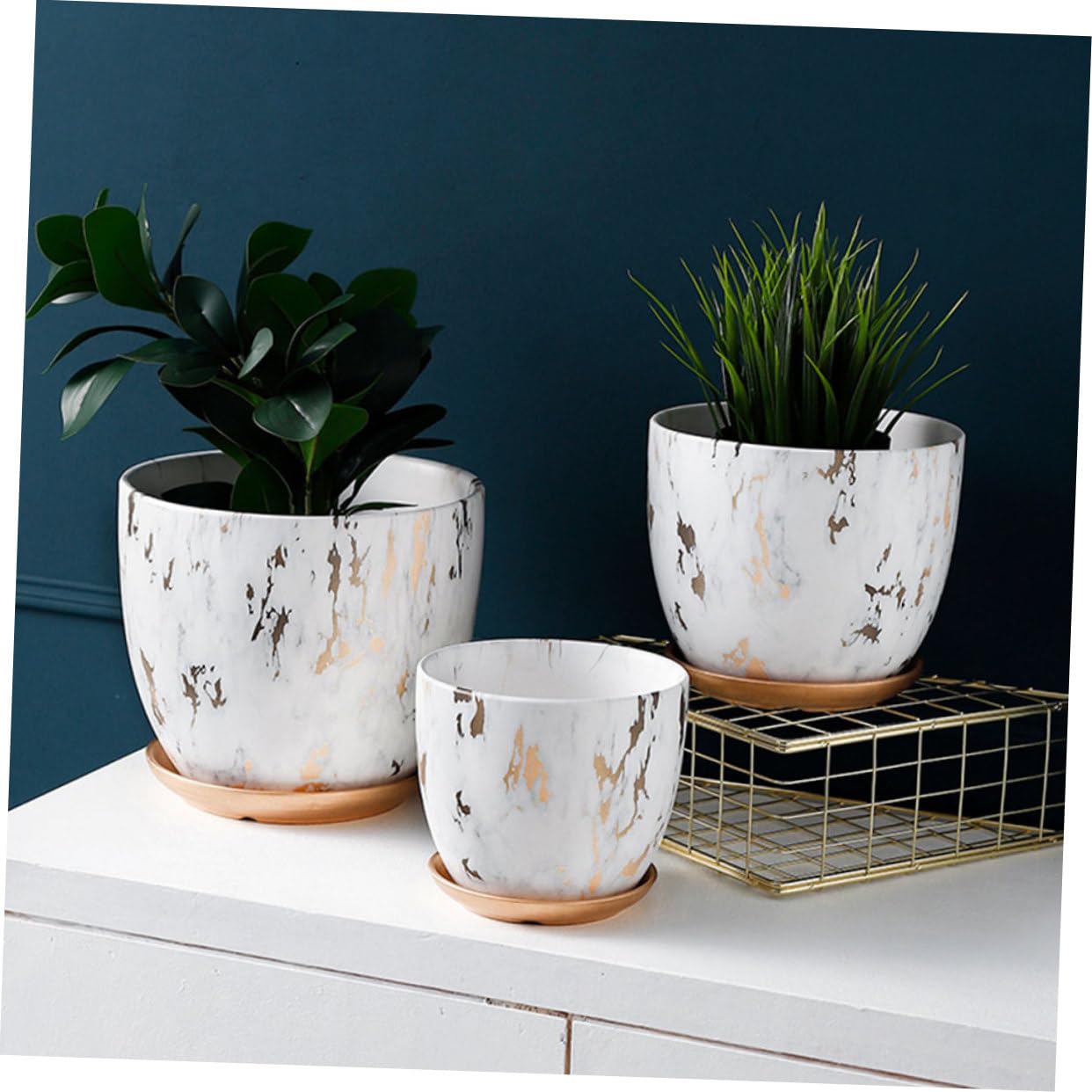 BESPORTBLE Vaso in Ceramica Motivo Marmorizzato Bianco, Contenitore per Piante Grasse e Cactus, Design Creativo Rotondo per Decorazioni di Giardino e Regalo per Appassionati di Piante