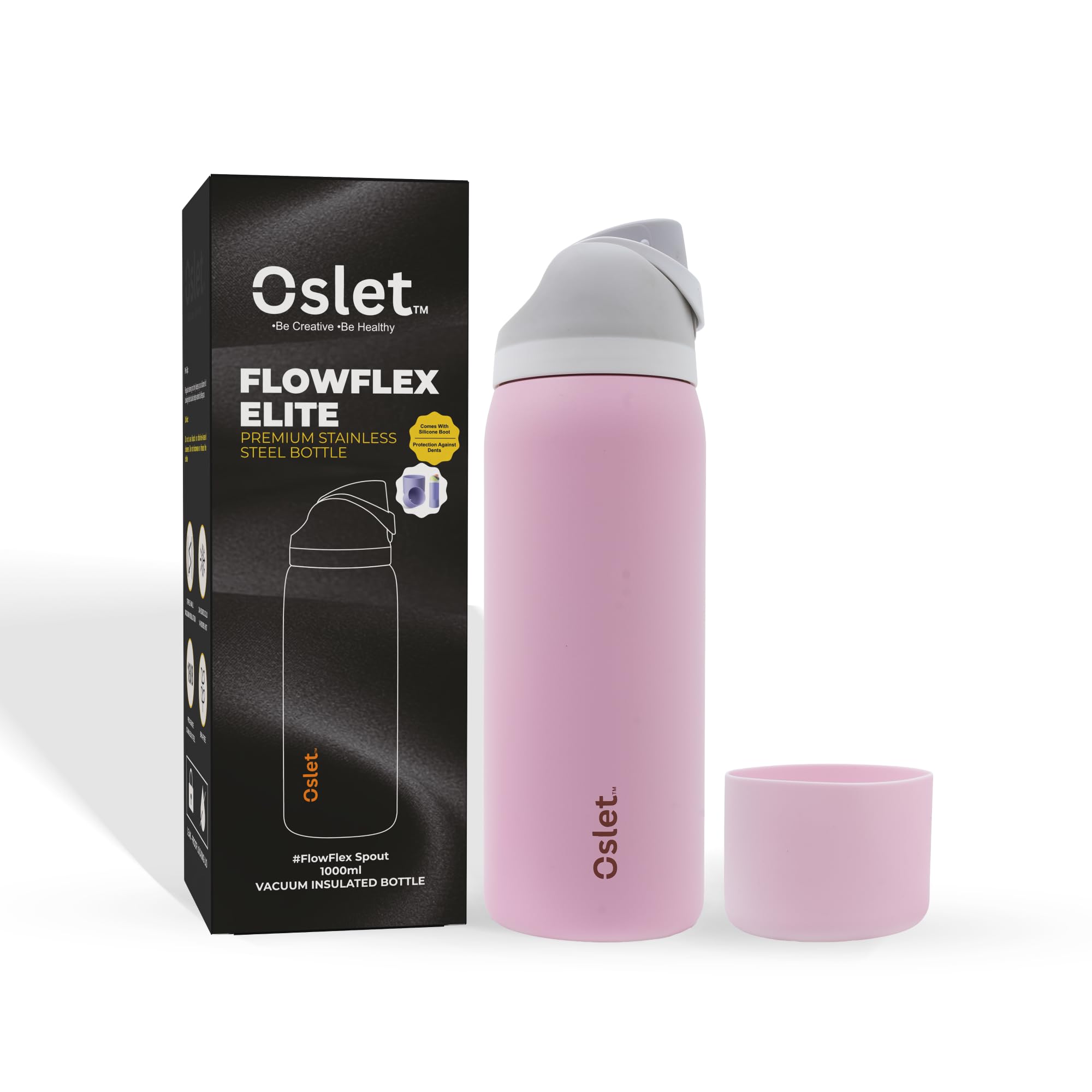 OSLET FlowFlex Elite Premium 18/8 PRO Grade Stainless Steel Hot & Cold Water Bottle with 2-in-1 Sip & Chug Spout, Soft Silicone Lid & Free Anti-DENT Boot, BPA-Free, Pink, 1 Ltr