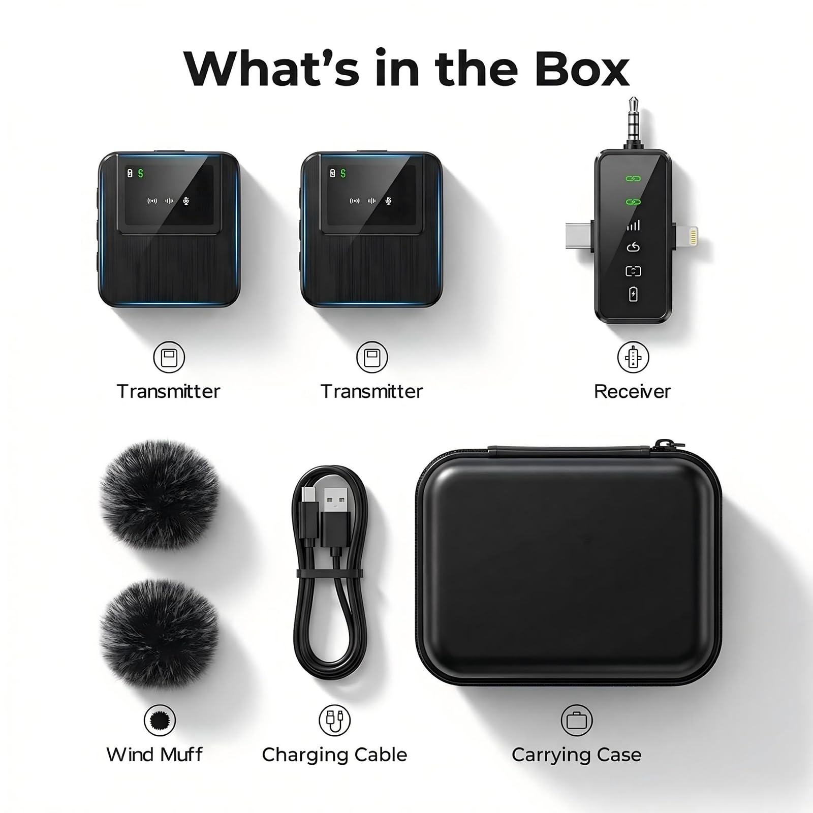 Microfono Lavalier Senza Fili 2.4G (2TX-1RX) – Autonomia 18H, Portata 100m, Riduzione Rumore DSP & Tasto Muto per Smartphone, Videocamera, Video, Live Streaming