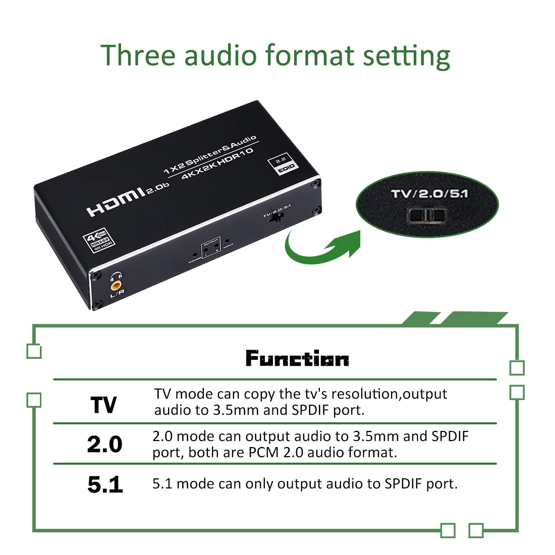 Splitter HDMI 4K a 60Hz con estrattore audio 1 in 2 out, splitter HDMI 1x2 con jack audio da 3,5 mm + coassiale + ottico Toslink SPDIF per doppio monitor duplicato/mirror solo, compatibile con PS3/4/5