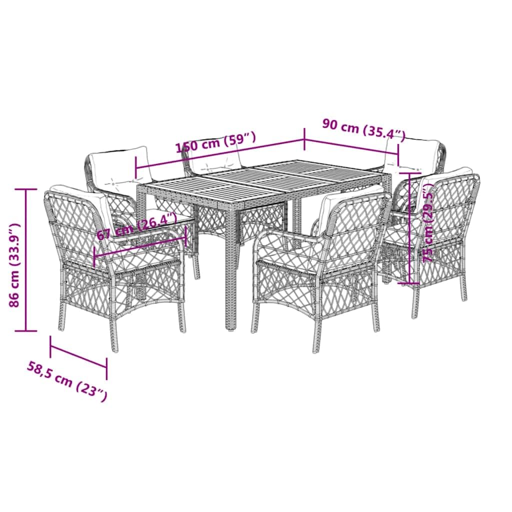 Set di mobili da giardino da 7 pezzi con tavolo, 6 sedie, cuscini, in polyrattan nero, resistente alle intemperie, per balcone, terrazza, sala da pranzo