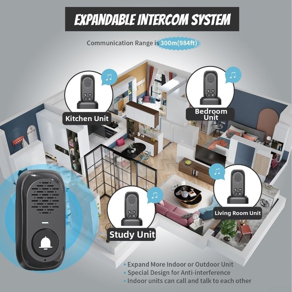 Oniissy Citofono senza fili con portata di 300 metri, comunicazione a lunga distanza, impermeabile, unità esterna per la sicurezza domestica, con batteria di grande capacità (nero)